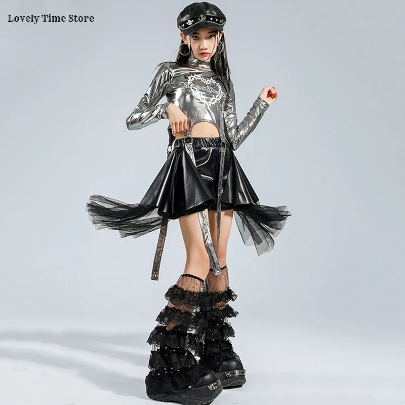 Girls K-pop Silver Shiny Crop Top Street Dance Ribbon Skirt Kids Hip Hop Jazz Clothes Set Children Streetwear Girl Group Costume