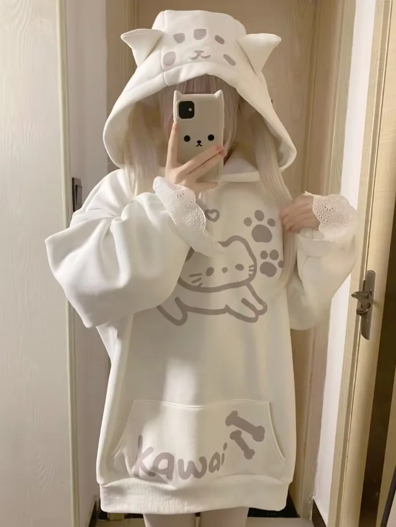 可愛いカワイイ女の子猫耳トップス和菓子Y2Kフーディサブカルチャー長袖スウェットシャツコート女性秋冬服