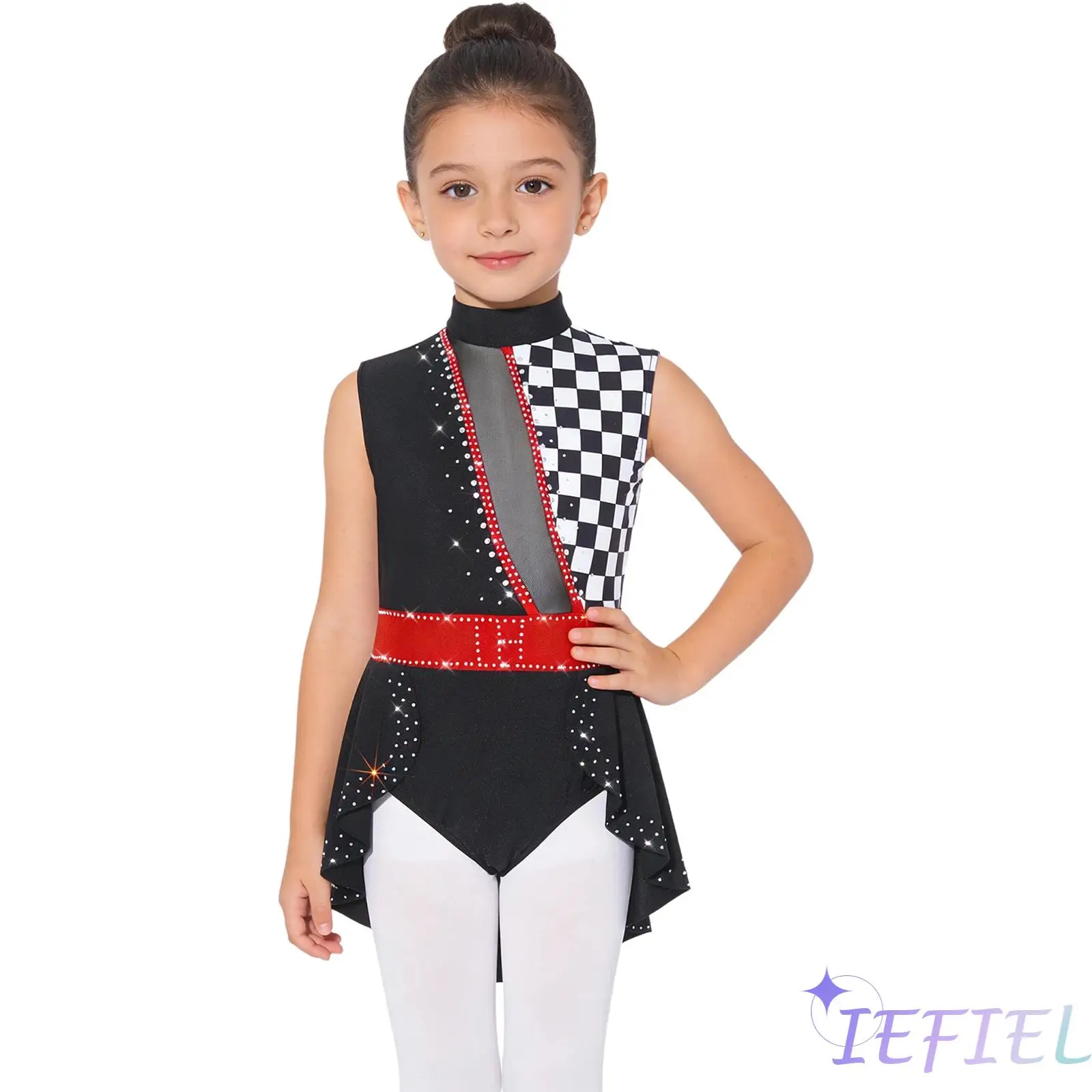 

Girls Circus Halloween Clown Performance Clothing Mock Neck Sleeveless Rhinestone Embellished Patchwork Dance Leotard Jumpsuit