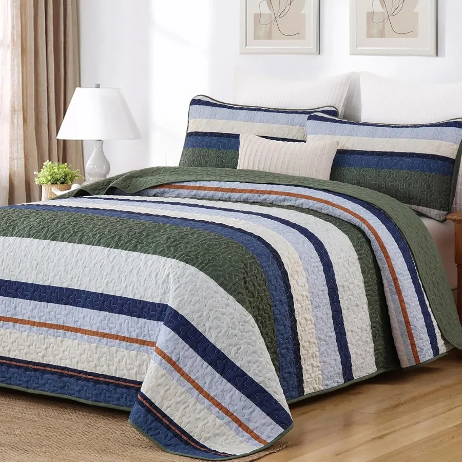 Boho Bedspread Queen Size Lightweight Soft Olive Green Blue Striped Bedding Set with 2 Pillow Shams 96x90 Ideal for Modern Livi