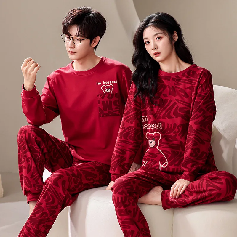 

Spring Autumn 100% Cotton Women's Sleepwear Cute Cartoon Pajama Men Casual O Neck Nightgowns for Couples Loungewear Freeship