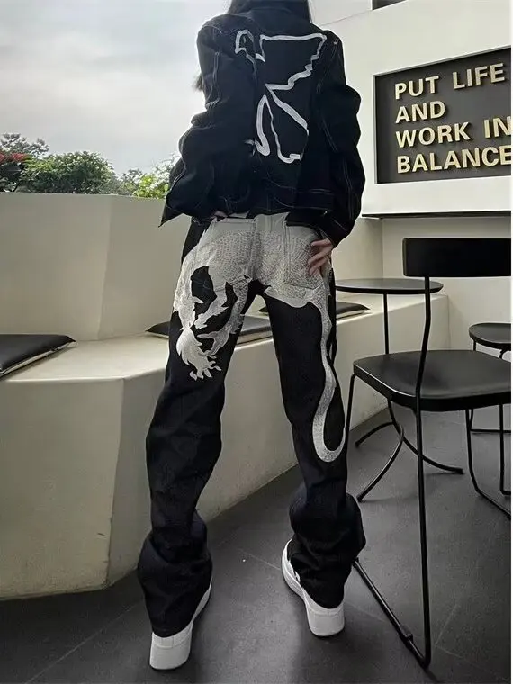 

Джинсы Bla с вышивкой в американском стиле в стиле ретро, повседневные джинсы свободного покроя для уличных танцев с прямыми штанинами для мужчин и женщин