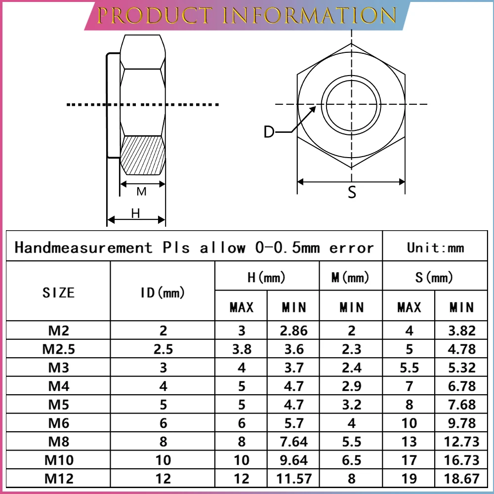 DIN985 304 Stainless Steel Nylon Lock Nut Hex Nylon Insert Self-lock Nuts M3 M4 M5 M6 M8 M10 M12 Hexagon Nylon Inserts Lock Nuts