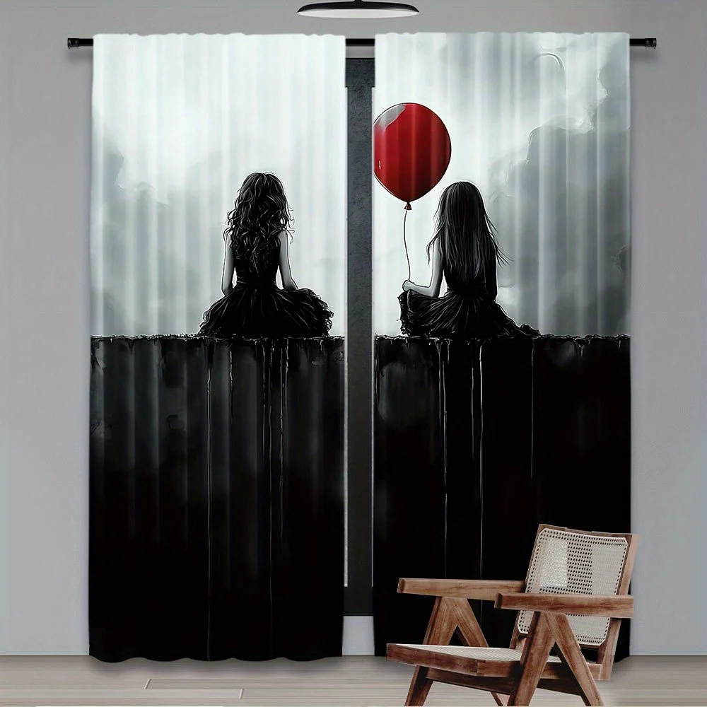 Horror Movie Style Curtains, Red Balloon Silhouette Window Drapes, Scary Ghost Decor, Blackout Fabric for Living Room Bedroom