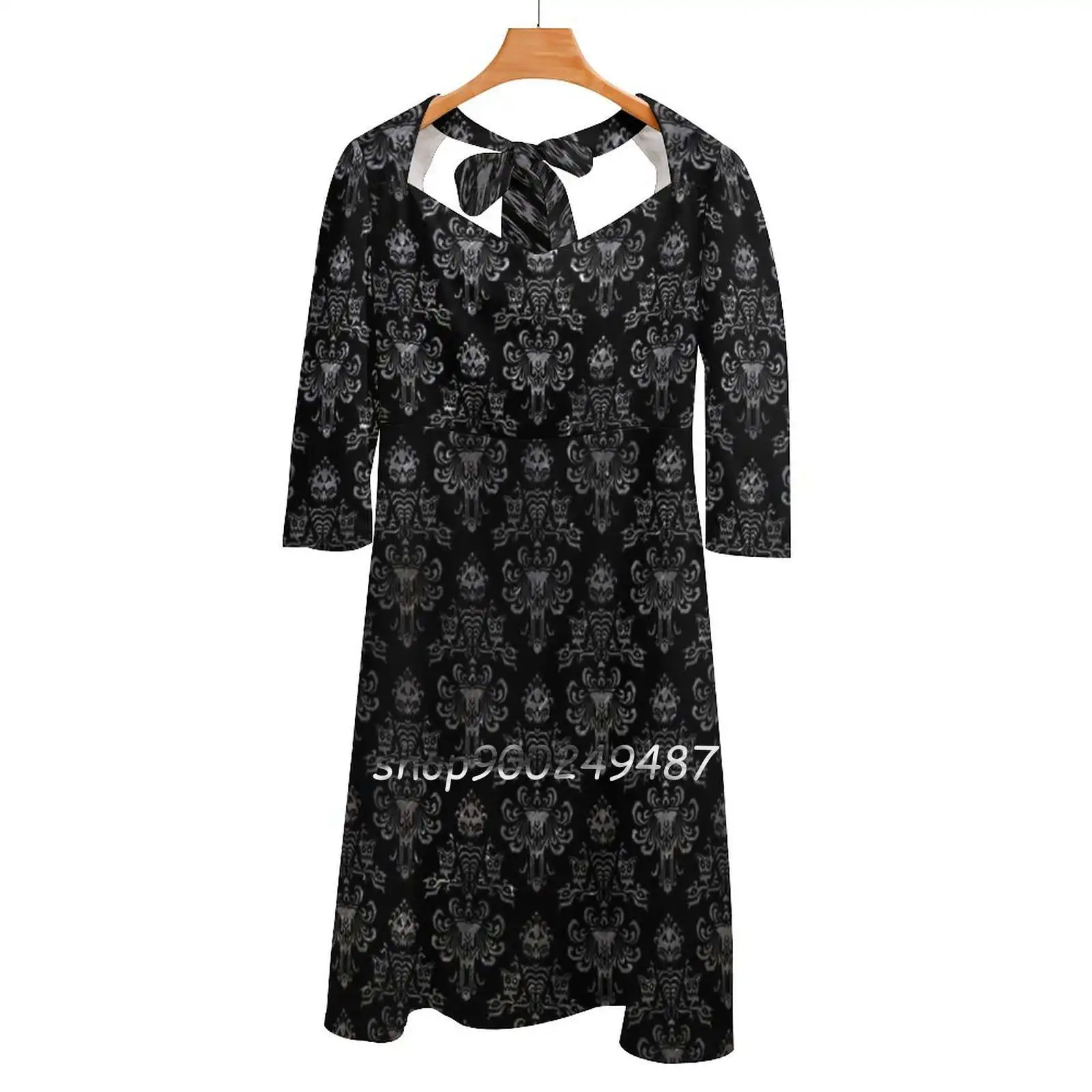 Haunted Mansion Wallpaper Black And Silver Sweetheart Knot Flared Dress Fashion Design Large Size Loose Dress Haunted Mansion