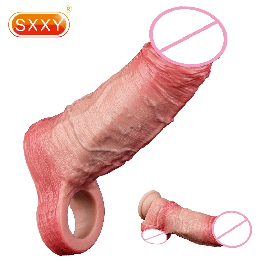 SXXY قابلة لإعادة الاستخدام ذكر ديك توسيع سيليكون الجوف دسار الجلد الشعور القضيب كم الذكور تأخير القذف الديك غمد الجنس لعب