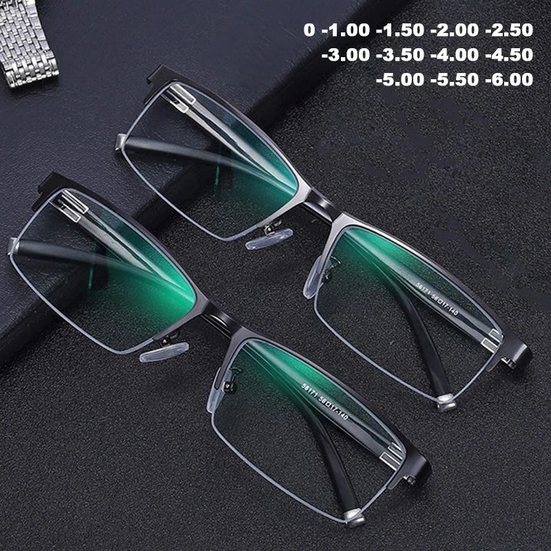 Men Metal Half Frame Myopia Glasses Finished Eyeglasses Business Spectacles Frames Male -1.0-1.5-2.0-2.5-3.0-3.5-4-4.5-5-5.5-6.0