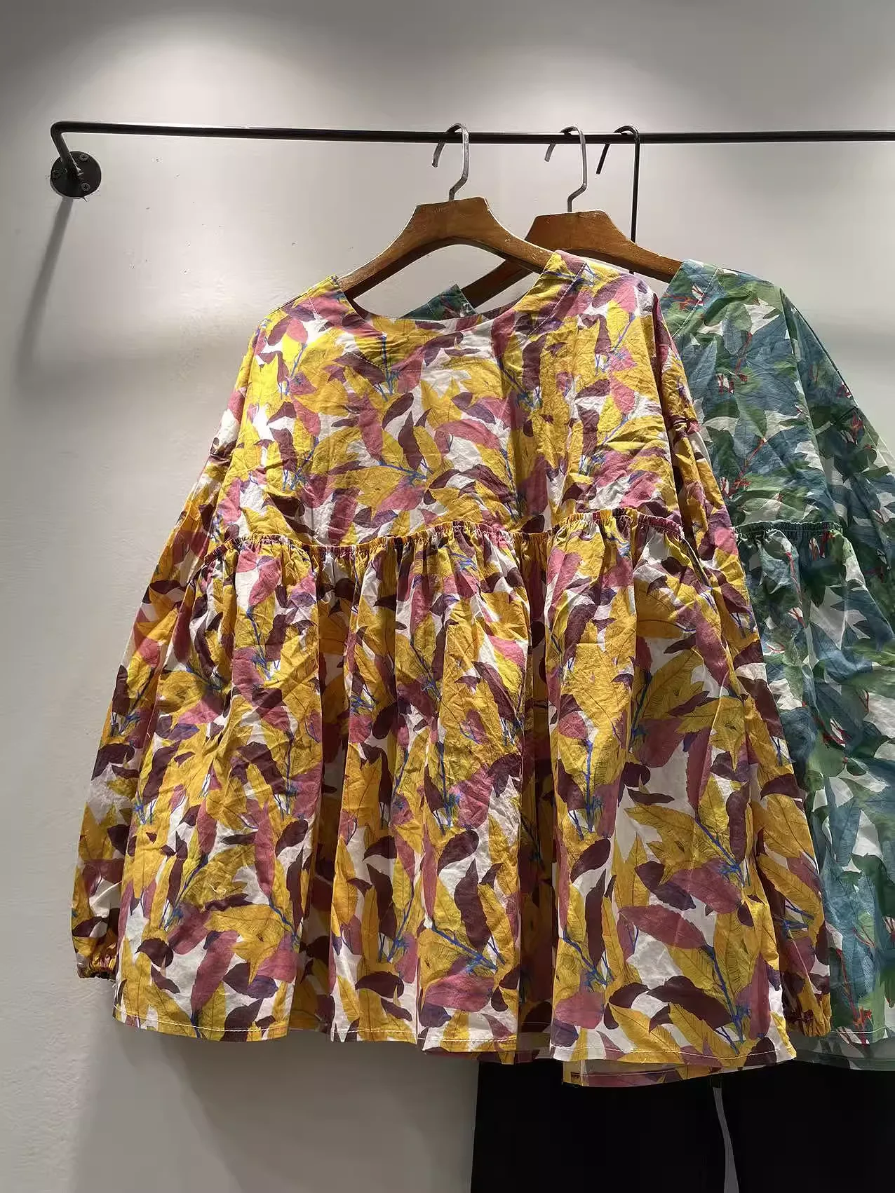 100% Cotton Green Yellow Leaves Print Shirts and Blouses for Women Japan Style Autumn A-line Oversized Shirts Holiday Beach Tops