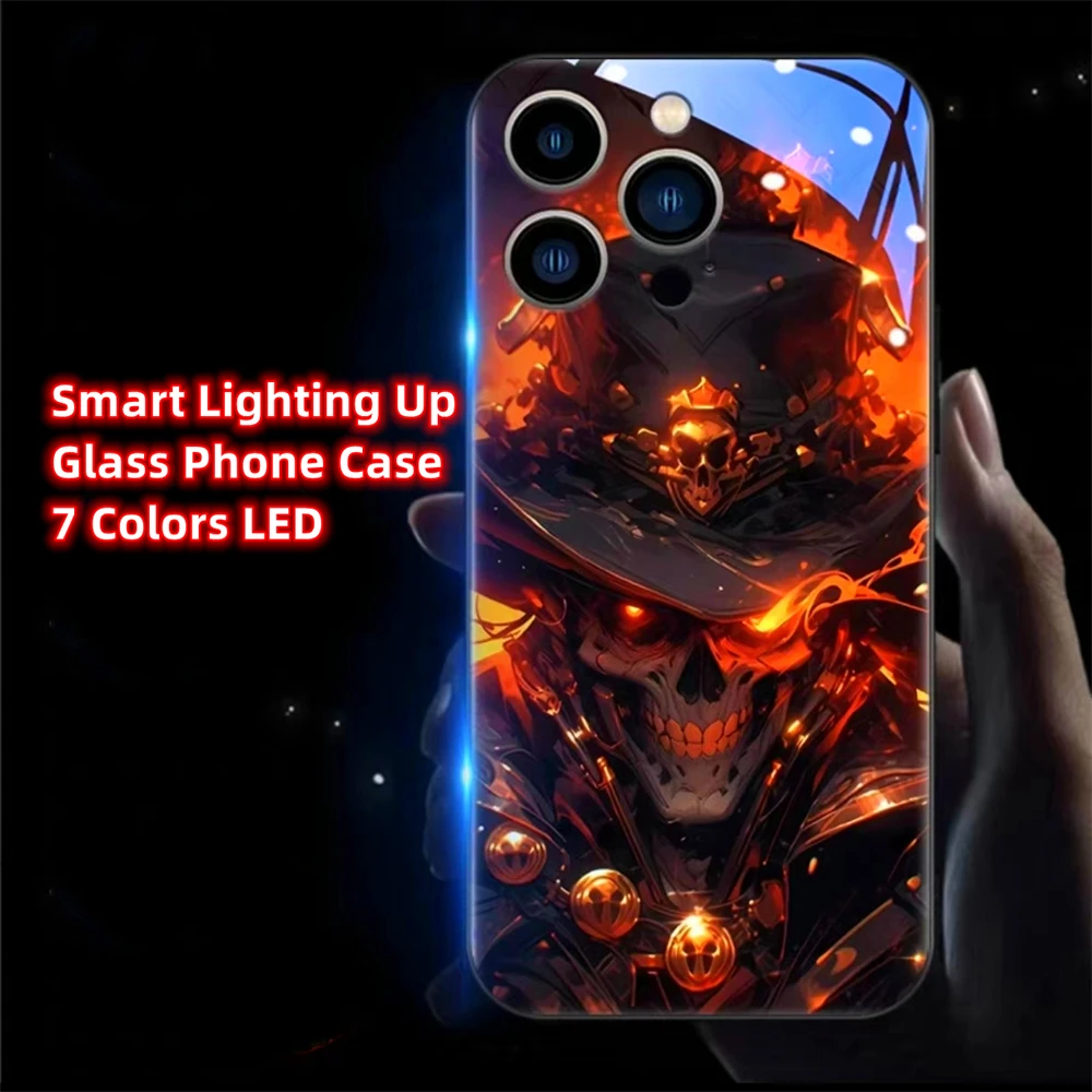 

Skeleton Anime Sound Control LED Flash Case Luminous Glass Cover For iPhone 15 14 13 12 11 Pro Max XR XS Plus 6 7 8 SE2020