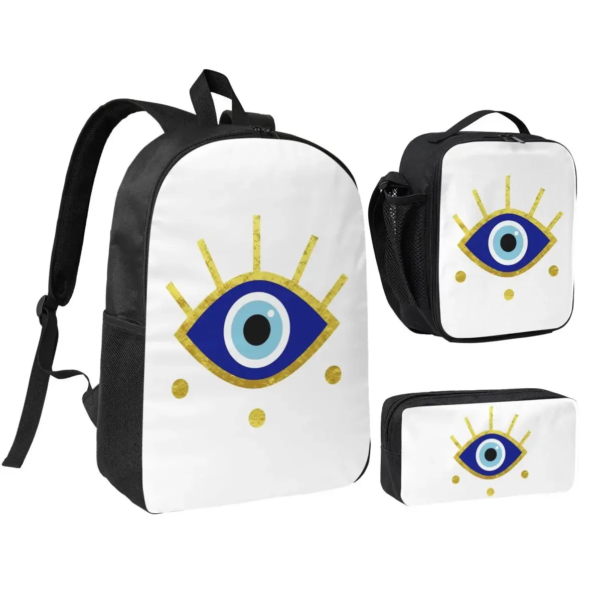 Mediterranean Evil Eye Protection, Nazar Backpack Student BookBag School Bag Shoulder Bags 3ps Insulated Lunch Bag Pencil Case