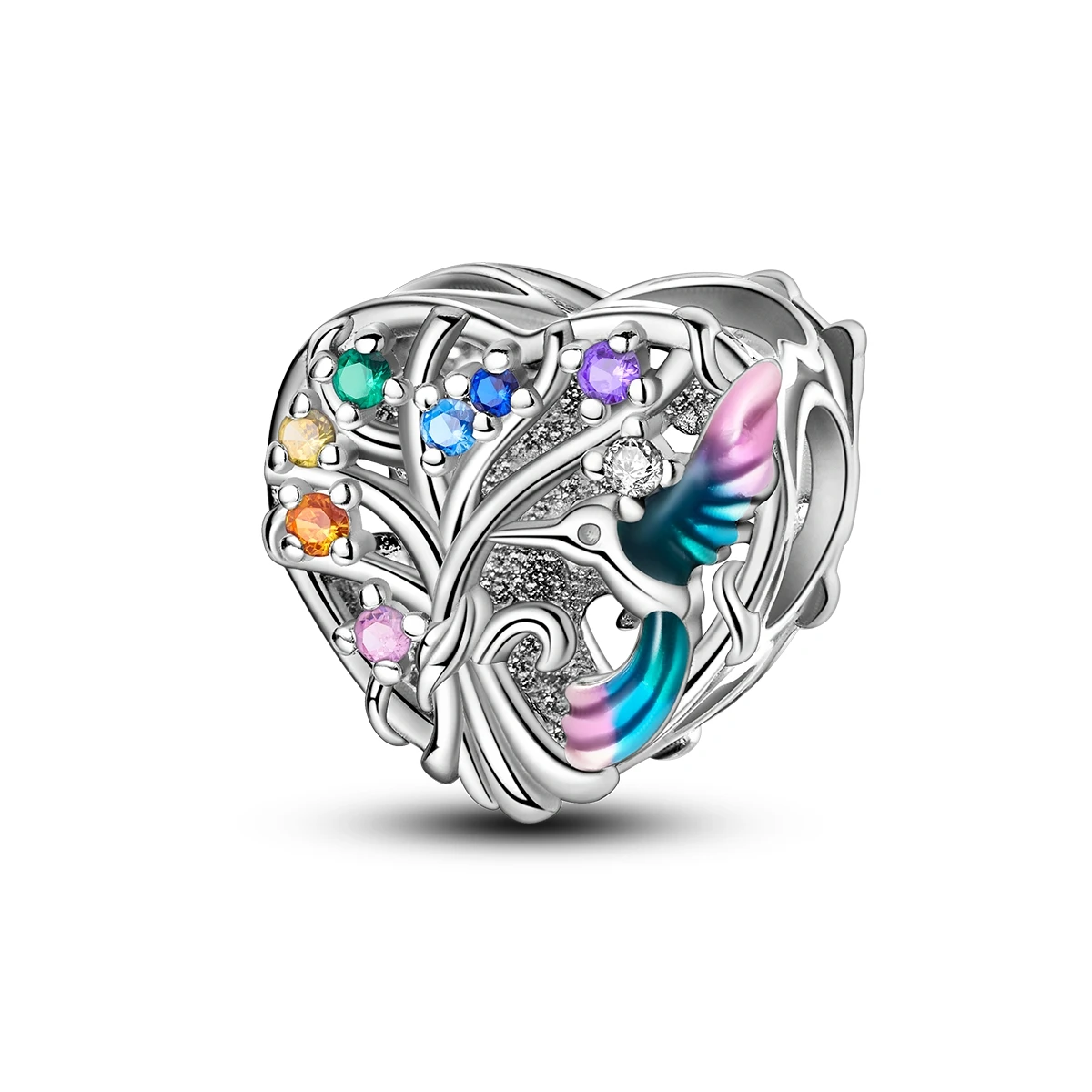 

925 Sterling Silver Rainbow Hummingbird Heart Charm Openwork CZ Dangle Bead Fit Bracelet Romantic Bird Nature Women Jewelry Gift