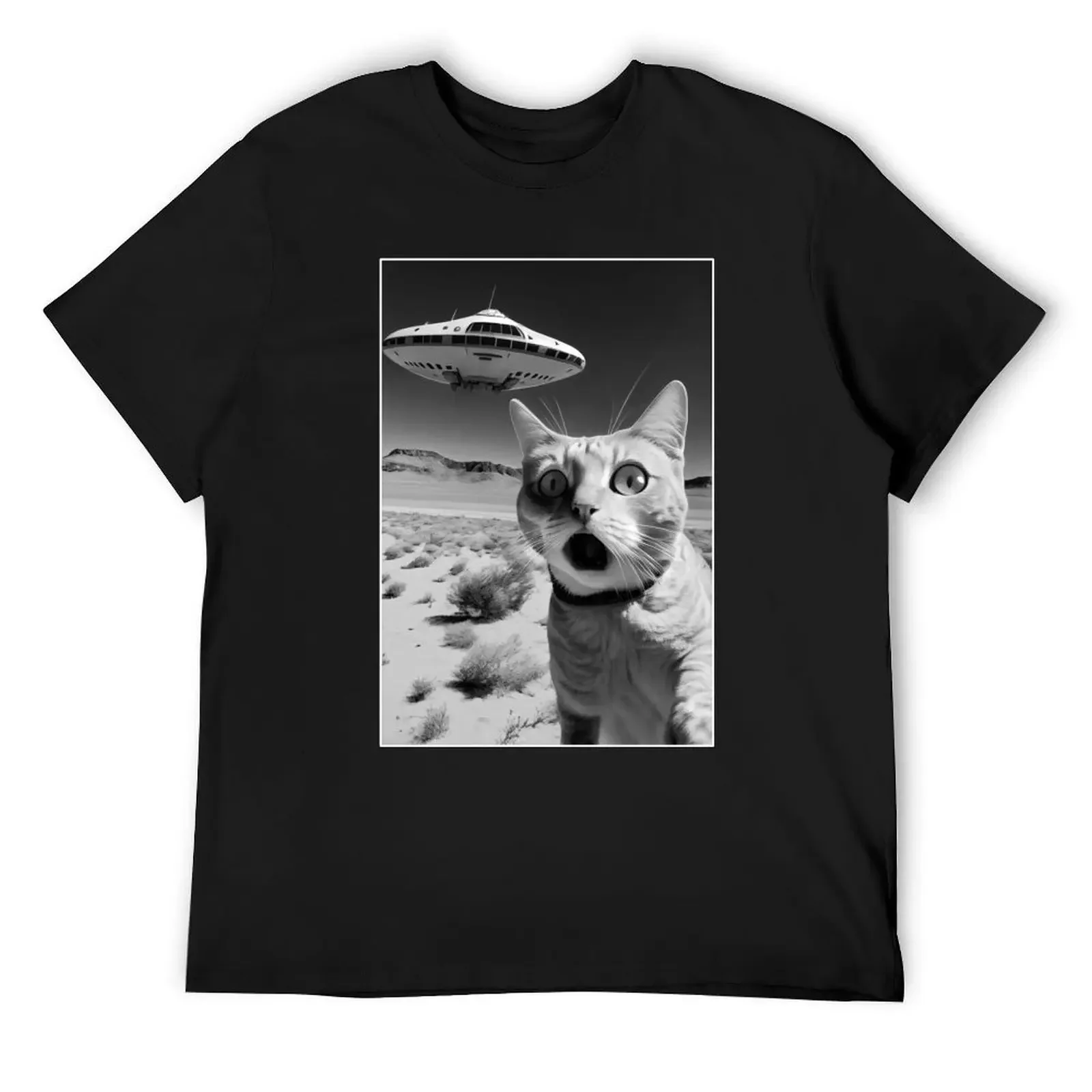 A cat taking a selfie with a UFO spaceship - funny pun meme image T-Shirt vintage t shirts basketball graphic tees men clothing