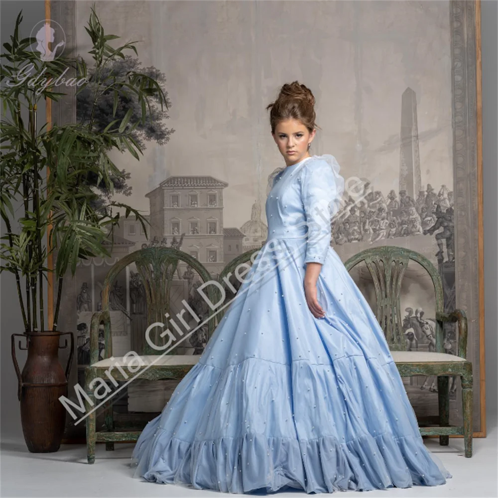 Light Blue Custom Children's Girls' Birthday Dress With Beading Suitable For Weddings Bridesmaids Formal Events