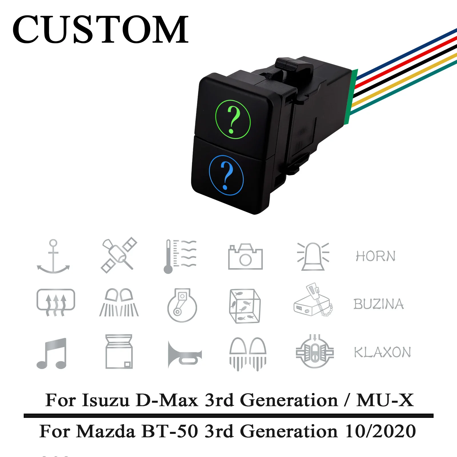 Customize 2-IN-1 Dual Button Switch - 12V Green Blue LED Push Switch with Wire For Isuzu MU-X D-Max Mazda BT-50 2020 - 2025