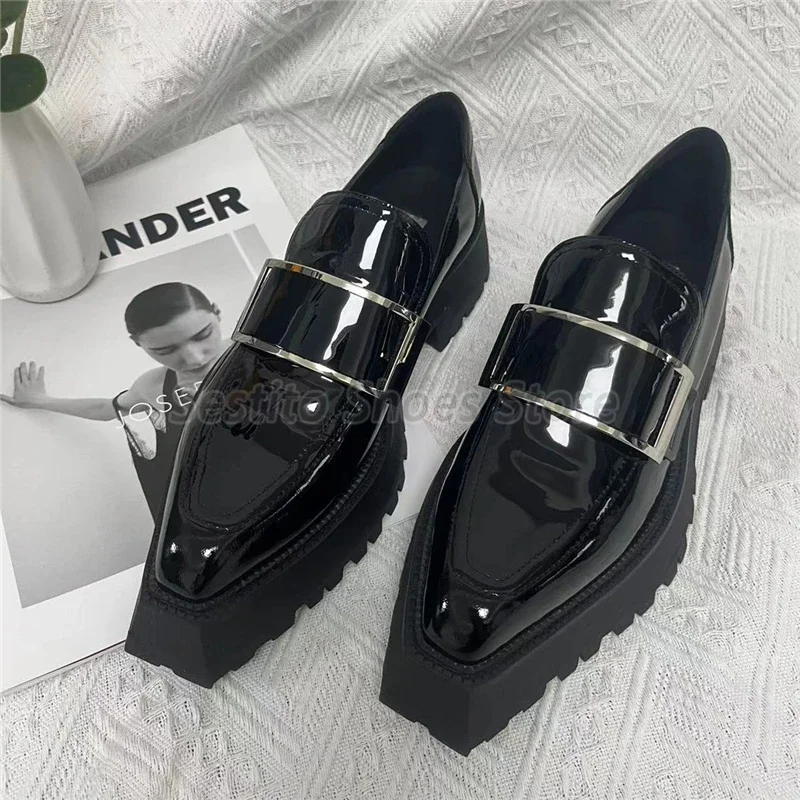 

Туфли-лодочки женские из лакированной кожи, высокий каблук, квадратный носок, металлическая пряжка, платформа, офисные лоферы, черные, весна-лето