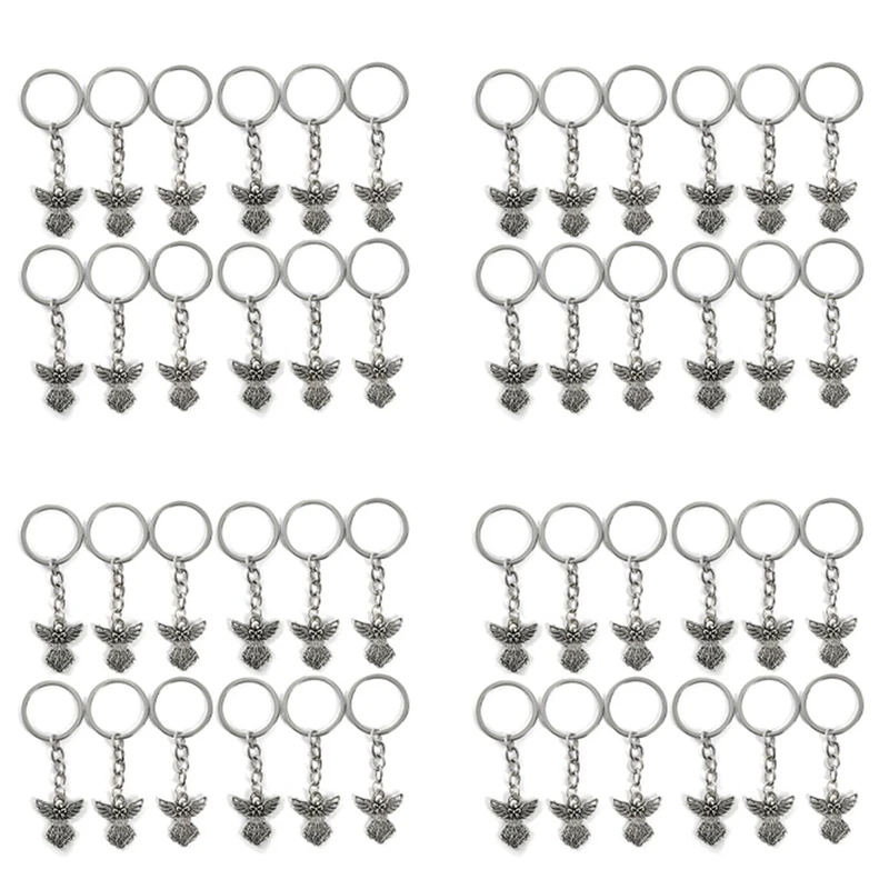 New-120Pcs Silver Color Guardian Angel Key Ring Zinc Alloy Pendant Wedding Birthday Party Baby Shower Baptism Communion