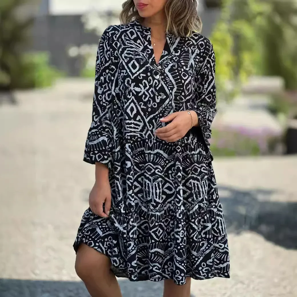 

Dresses For Dresses Spring Summer Splic Dress 2024 Retro Dresses V-Neck Flared Sleeves Geometric Print Sexy Midi Dress Vestido