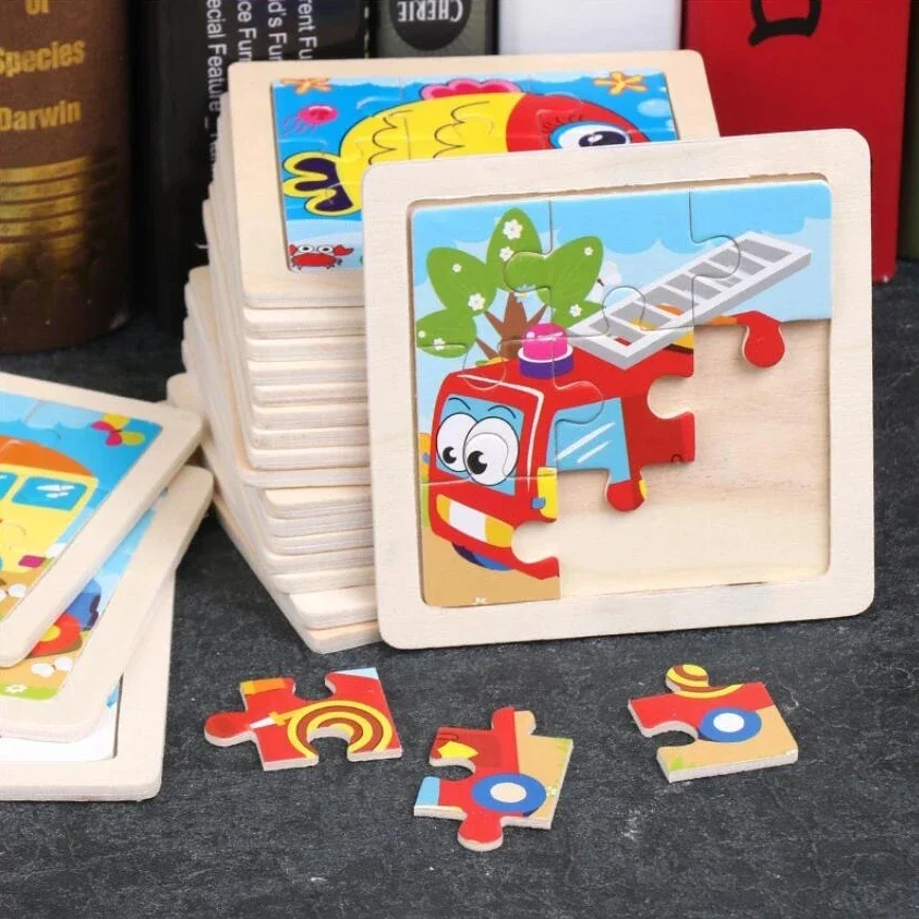 Rompecabezas de madera para niños de 11x11cm, vehículo de juguete, rompecabezas de animales de dibujos animados, juguetes Tangram de tráfico, juguetes educativos, rompecabezas para niños, regalos