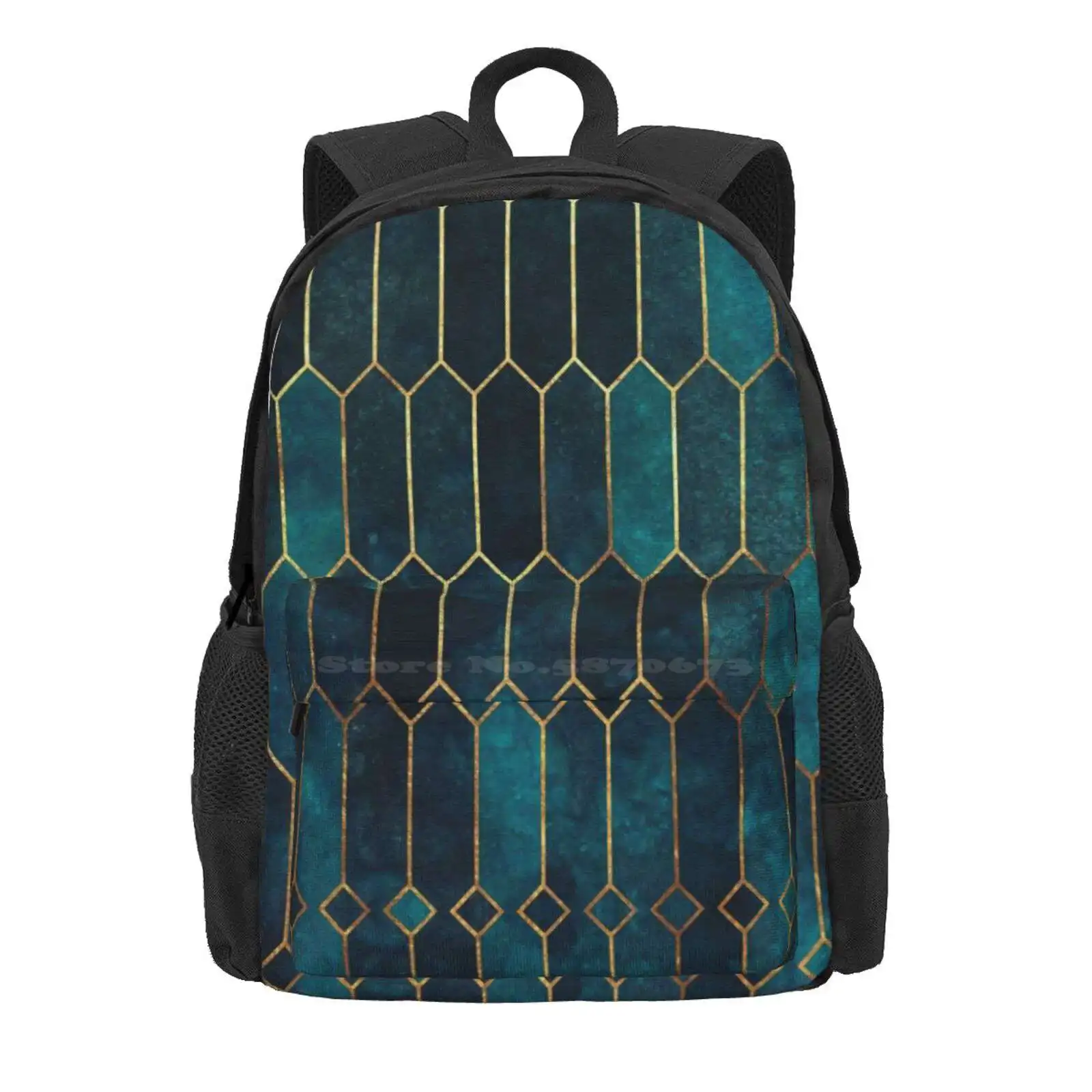 Deep Teal And Blue Gold Pattern Hot Sale Schoolbag Backpack Fashion Bags Teal Navy Ocean Sea Blue Stone Gold Modern Graphic