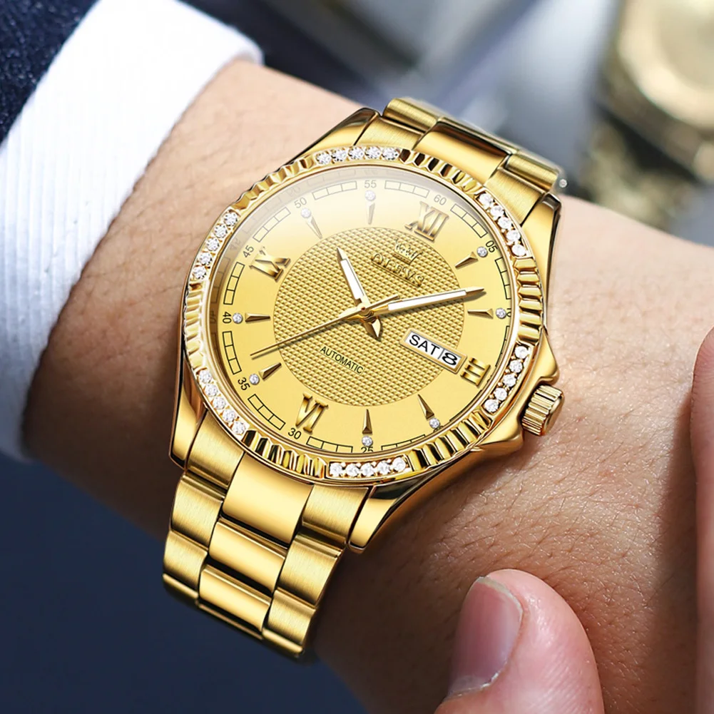 Top Brand Original Luxury Automatic Watch for Men Waterproof Gold Stainless Steel Diamond Date Day Classic Wiristwatch Male Gift