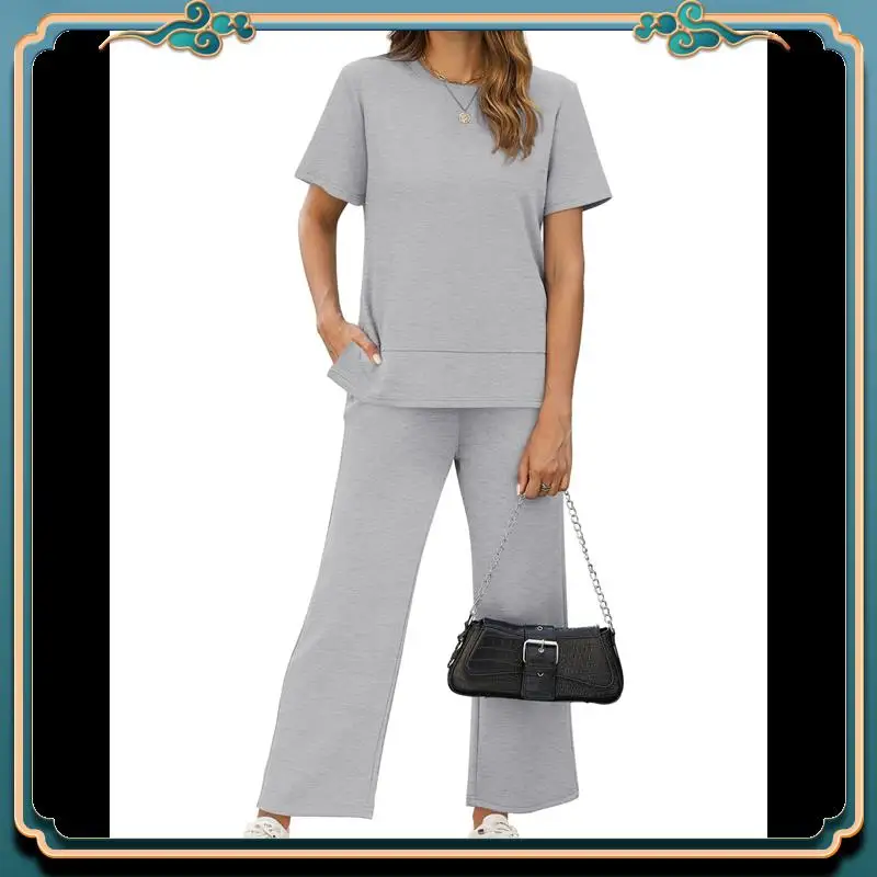ABMV-Women's Two-Piece Home Wear Casual Short-Sleeved Sportswear Suit Sportswear Wide-Leg Pants Suit Light Gray XXXL