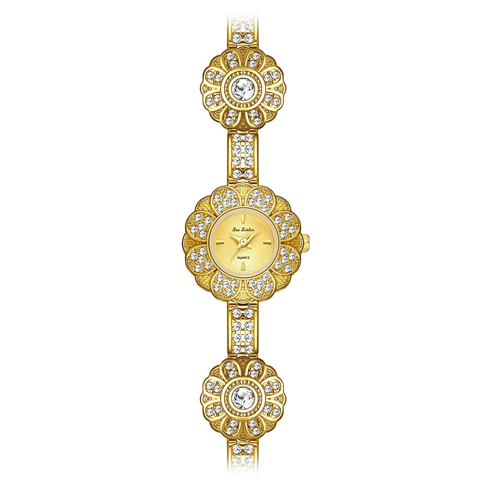 

BS Bee Sister новые нишевые винтажные модные часы для женщин, легкие роскошные кварцевые женские часы из сплава с цветком и бриллиантами, подарки