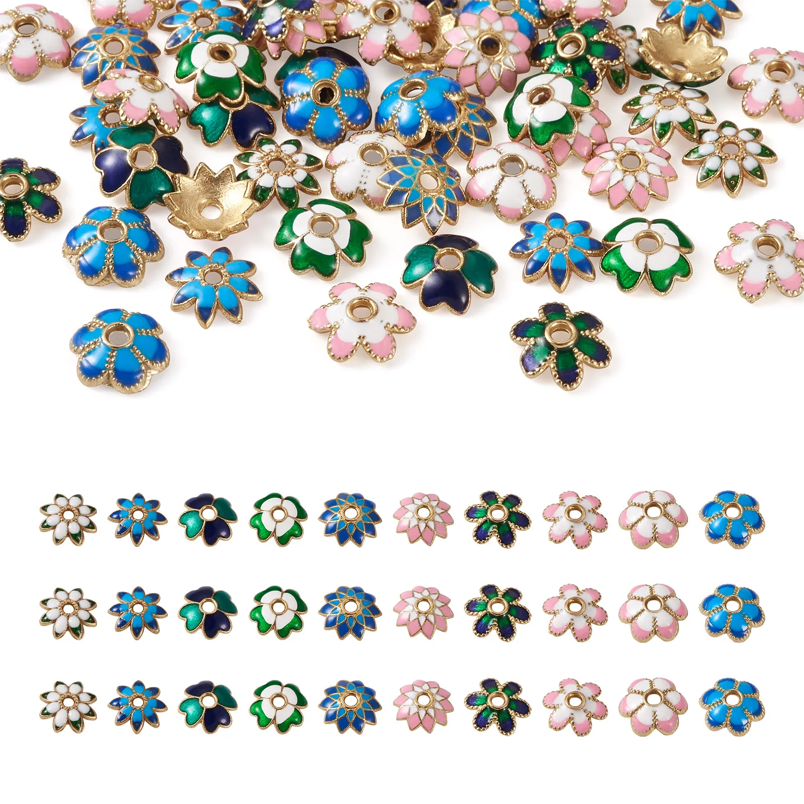 60Pcs Alloy Enamel Bead Caps Multi-Petal Flower End Connector Spacer Bead for Women Jewelry Making DIY Bracelet Necklace Earring