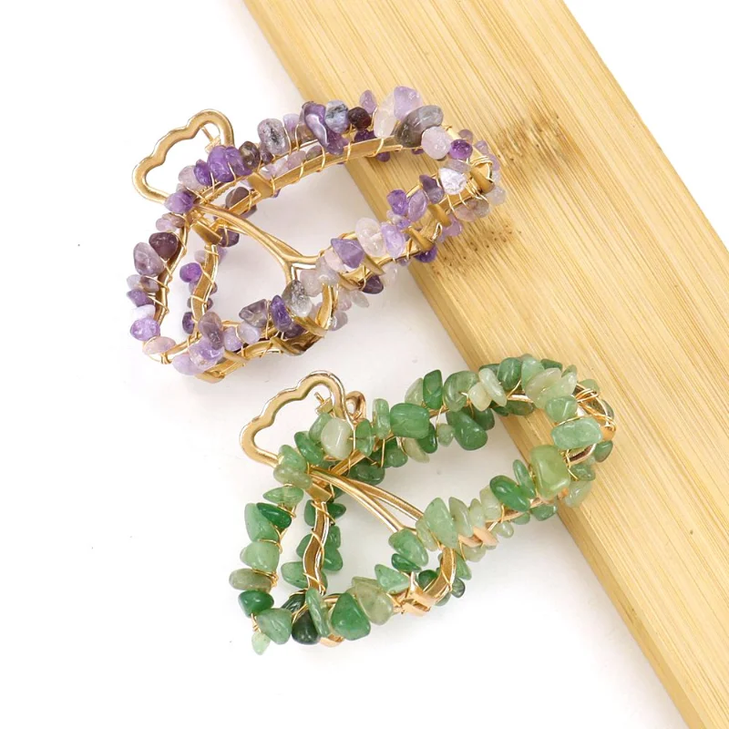 Colorful Natural Crushed Stone Crystal Butterfly Geometric Hairpin Metal Grab Hair Claw Woman Girl Styling Barrettes Headdress