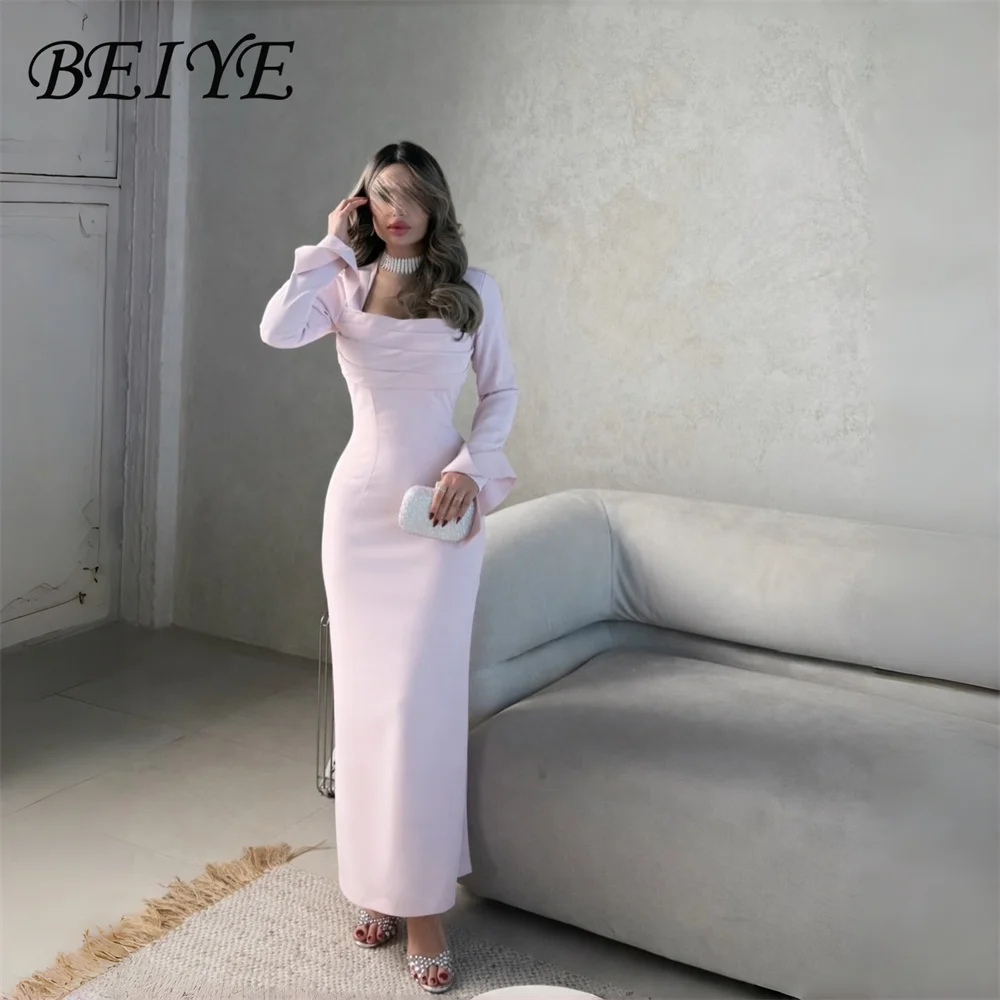 

BEIYE Simple Pink Sheath Evening Dress Women 2026 Long Sleeves Square Collar Pleat Slit Party Gown Customized فساتين س