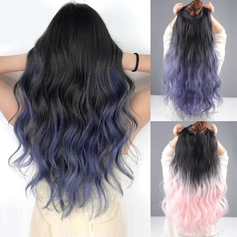 Synthetische 22 inch één stuk lang water golvend krullend nep haarstukje clip in hair extensions cosplay kleur haarstukken