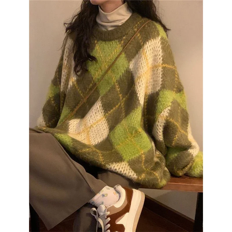 

Lazy Style Retro Print Grid Soft Sticky Thick Sweater Women Round Neck Student Autumn Winter Korean Loose Patchwork Knit Tops