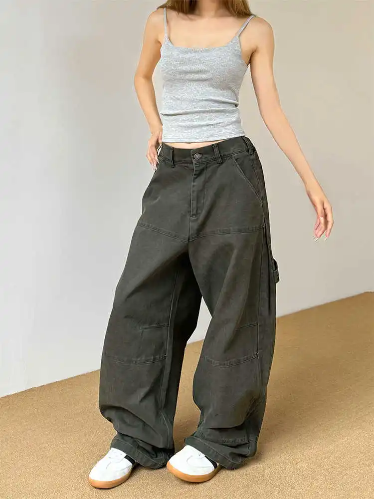 

Green Winter Women Jeans Hip-hop Style Fashion Vintage Streetwear Y2K Wide Leg Work Jean 2024 Female Trouser Baggy Denim Pants