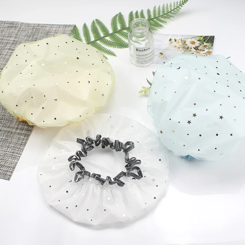 1pc Waterproof Double-Layer Shower Cap Starry Sky Design Fashion Reusable Bathing Hat Kitchen Oil-proof Sanitary Hat