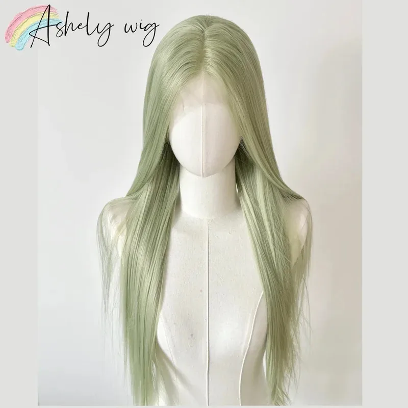 

Зеленый парик фронта шнурка Matcha 13x4, фронтальный парик, 26 дюймов, длинный прямой парик из волос для косплея, термостойкие синтетические парики