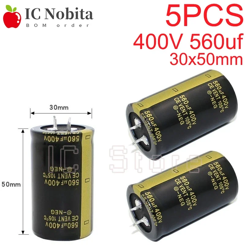 

5PCS 400V 560uf Capacitor High Frequency Low ESR 30x50mm 400V560uf Aluminum Electrolytic Capacitor 30*50