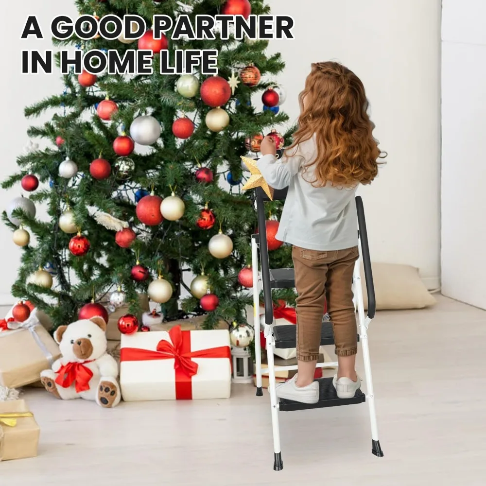 Escalera plegable para taburete con pasamanos y bolsa de herramientas acoplable, capacidad de 500 libras, pedales antideslizantes anchos para despensa de cocina