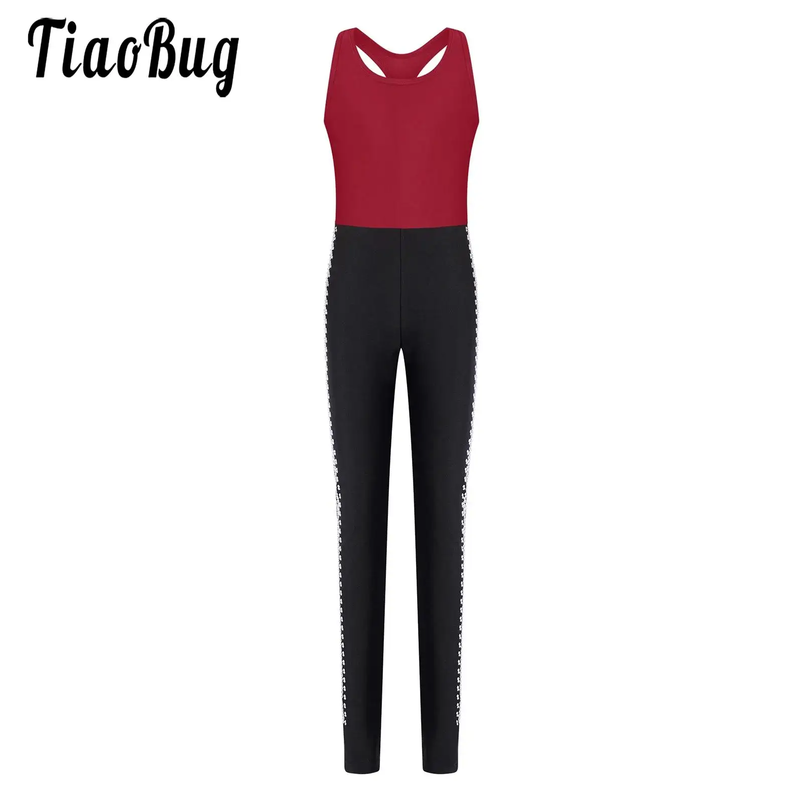 

Kids Girls Rhythmic Gymnastics Jumpsuits Skating Ballet Dance Wear U Neck Sleeveless Rhinestones Color Block Stirrup Leotards