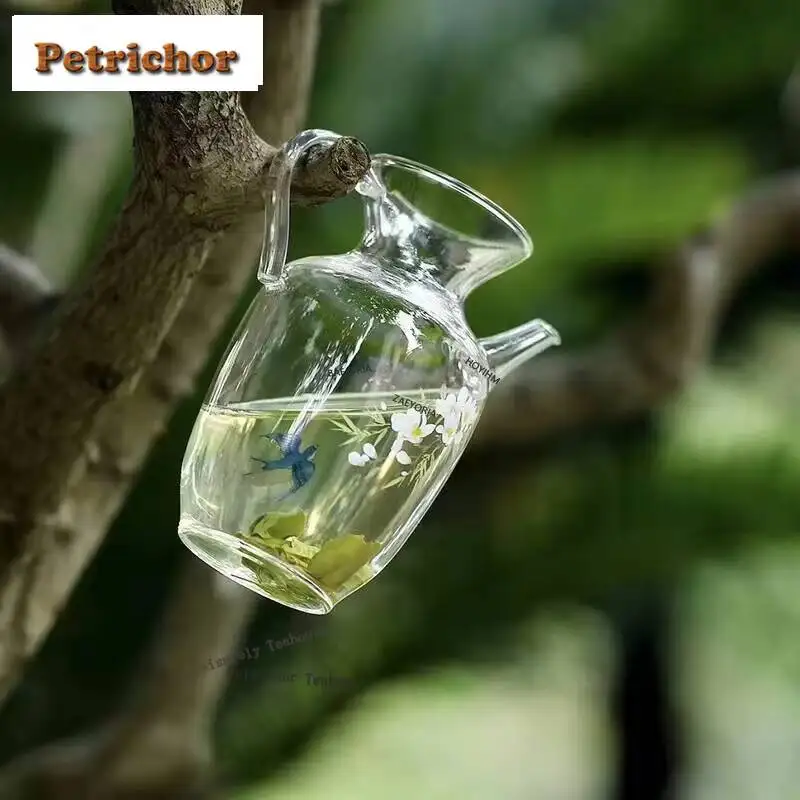 300Ml Japanese Style High Borosilicate Heat-Resistant Glass Tea Pot, Small Green Flower Imitation Song Holding A Fair Cup Teaset