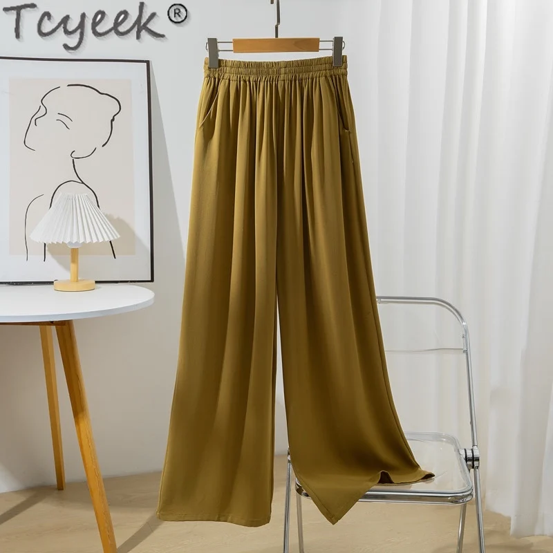 Tcyeek 100% Mulberry Silk Pants Women Clothing Casual Long Pants Wide Leg Pants Women Summer Trousers 2024 Pantalones De Mujer