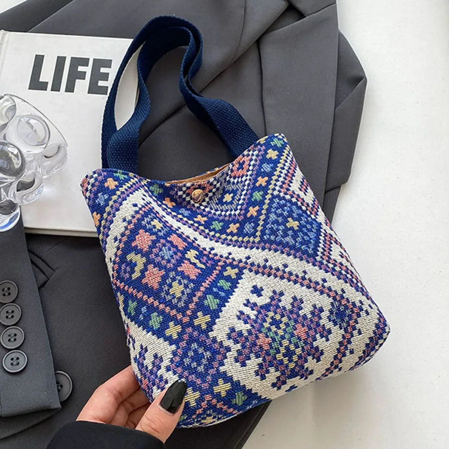 Hand-Held Bucket Canvas Bag, Environmentally Friendly And Reusable, Vintage Ethnic Style Shopping Bag, Fashionable Handbag, Fema