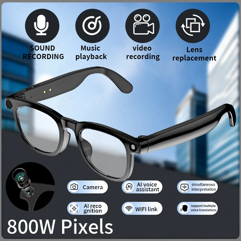 

LIGE New Smart Glasses 800W HD Camera Video Photo Record AI Translation Waterproof Bluetooth Call Music Smart Glasses Women Men