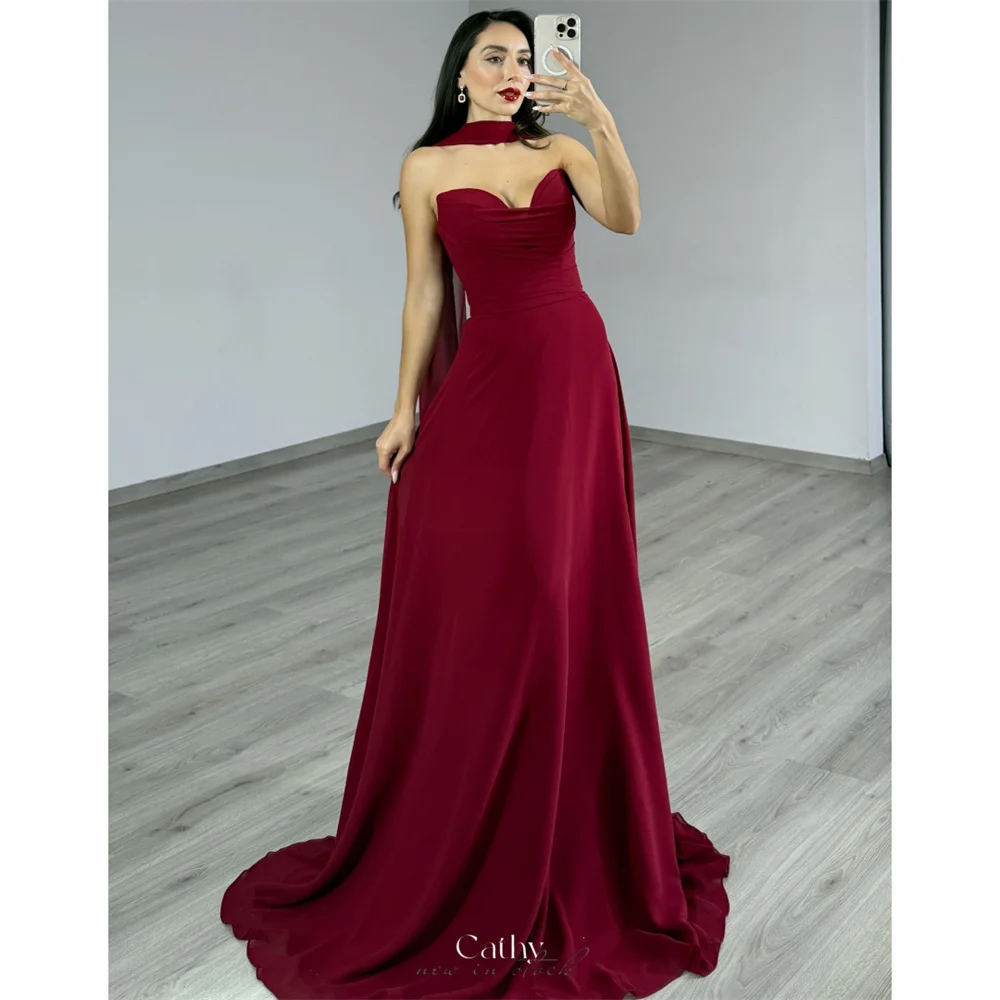 

Cathy Customized Burgundy Halter Neck A-Line Prom Dresses Draped Sleeveless vestidos de noiva Floor-Length Formal Evening 2025