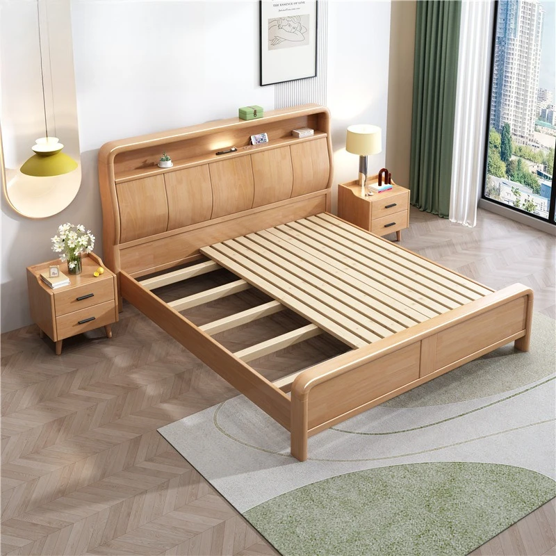 Nordic เตียงไม้เนื้อแข็ง 1.8m ห้องนอนเตียงคู่ 1.5m usb log พร้อมโคมไฟโมเดิร์นสูงกล่อง