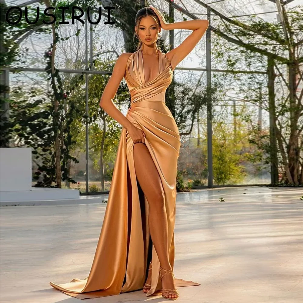 

OUSIRUI Classic Halter Satin Solid Pleated Evening Prom Dresses Mermaid Sweep Court Side Split Prom Club Gown vestidos de festa