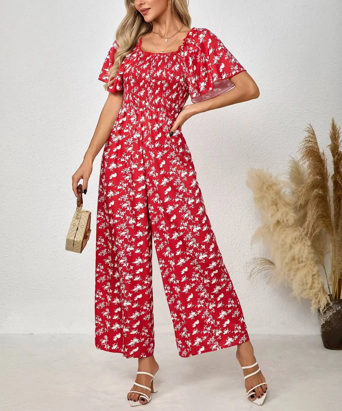 Women's Red Jumpsuit Floral Print Square Neck Flutter Sleeve Smocked Waist Wide Leg Spring Summer Party Casual Vacation Romper view 4