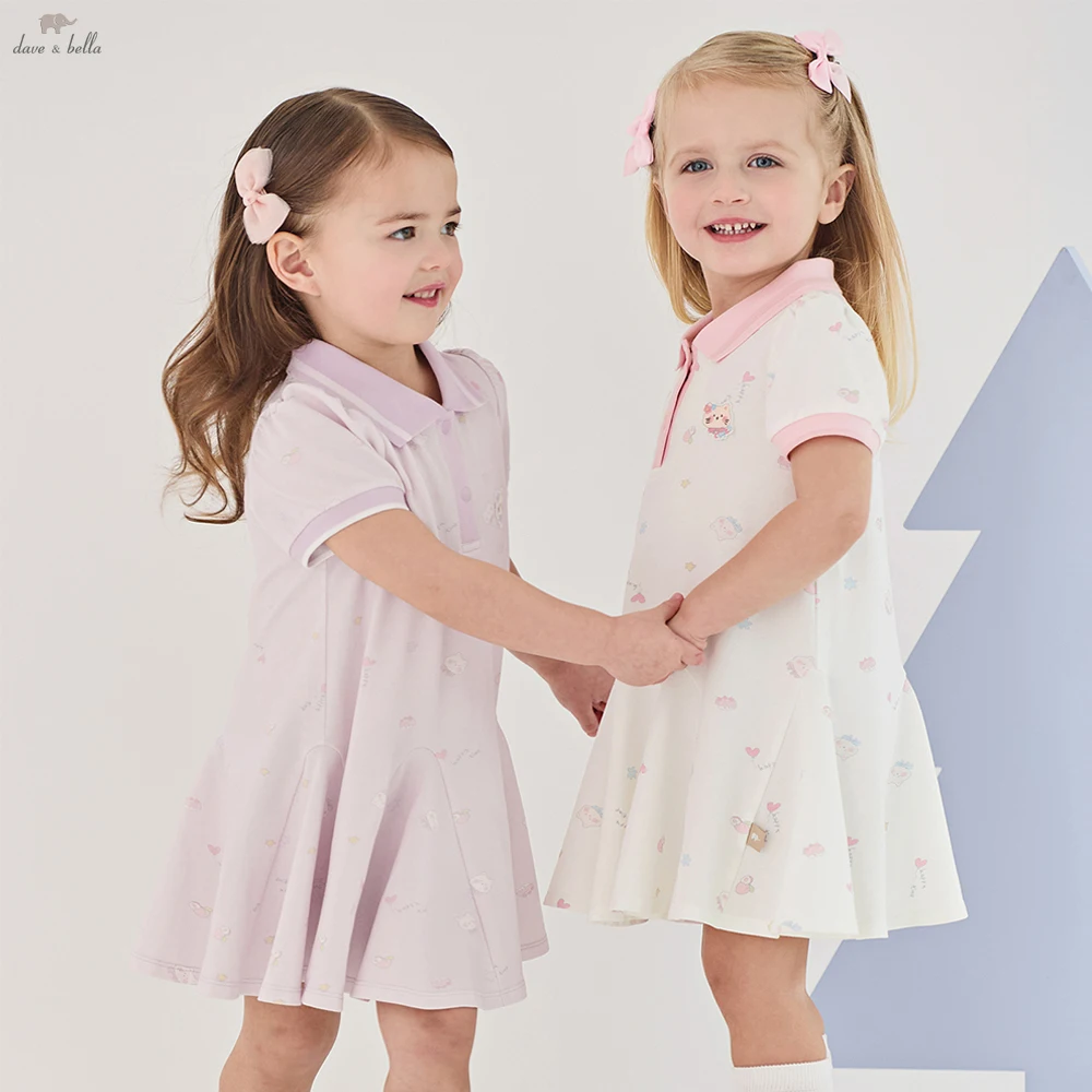 Dave Bella Girls Summer Princess Dress Casual Cute Kids Printed Polo Short Sleeve Dress Formal Party Knitted Clothes DB2262445