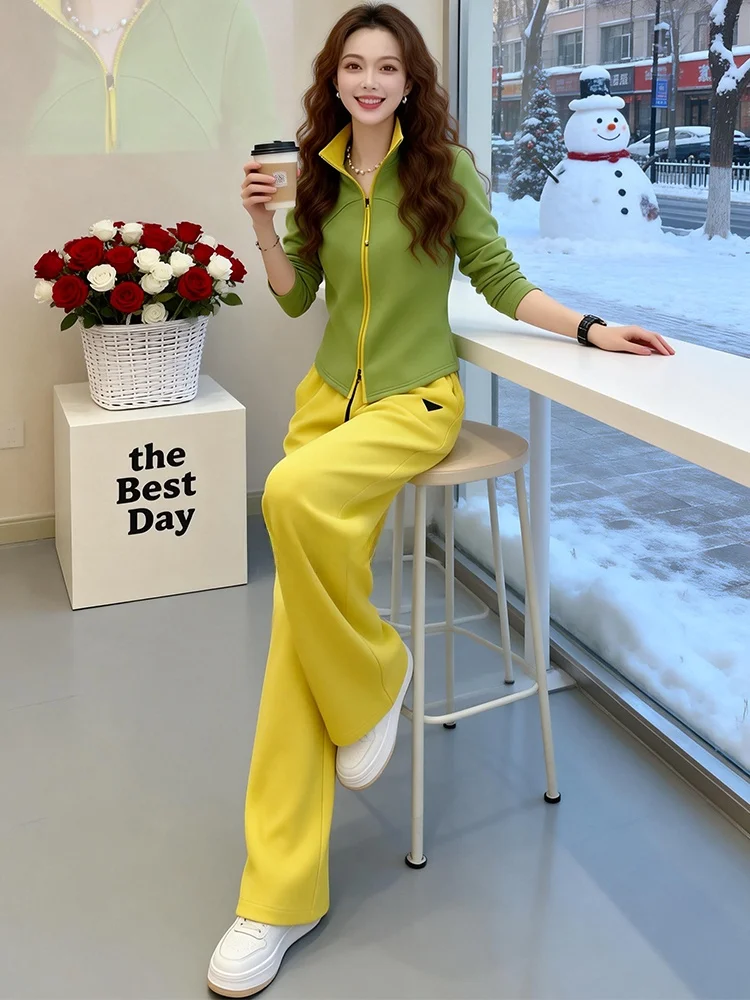 

Весенний женский спортивный повседневный комплект 2026: укороченный топ с длинным рукавом и кардиган, брюки с широкими штанинами на высокой талии, комплект из двух предметов