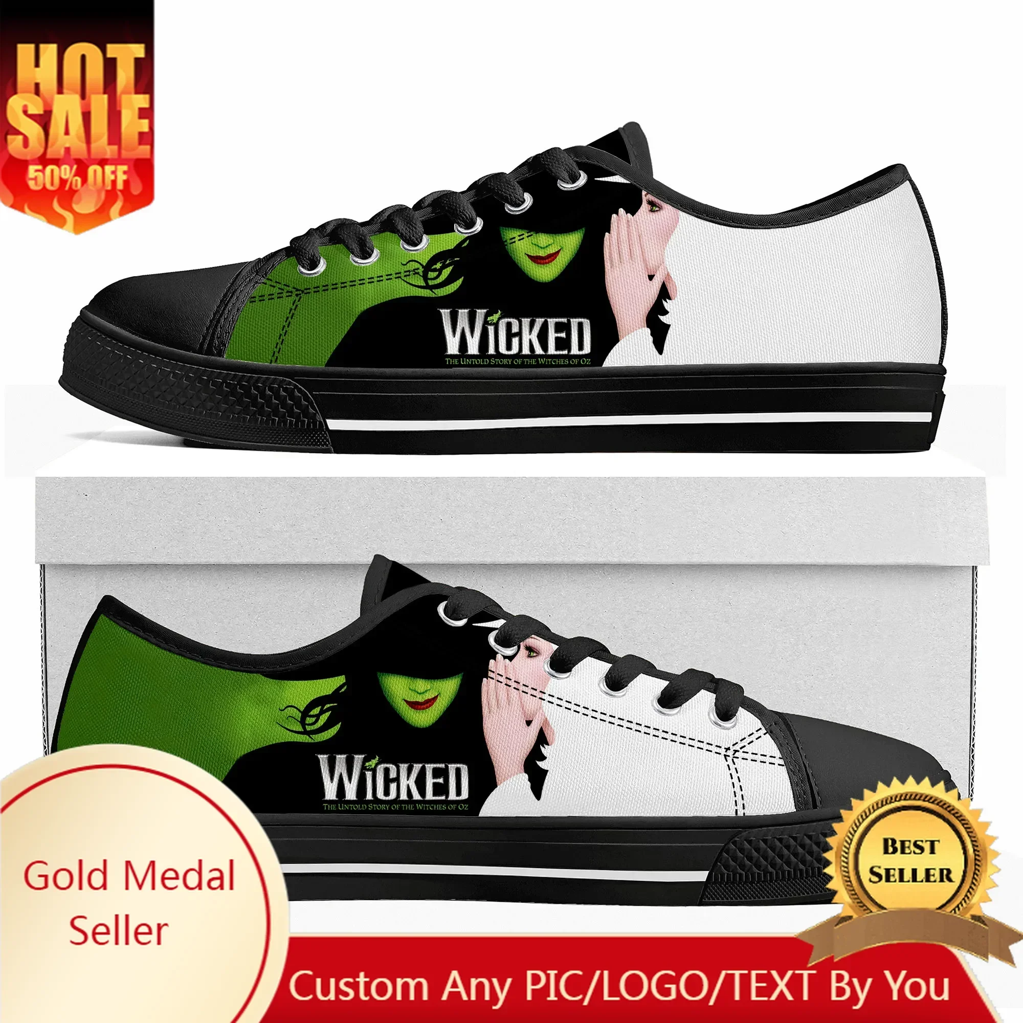 

WICKED He Musical Elphaba The Wicked Witch of the West Low Top Sneakers Mens Womens Teenager Canvas Sneaker Custom Made Shoes