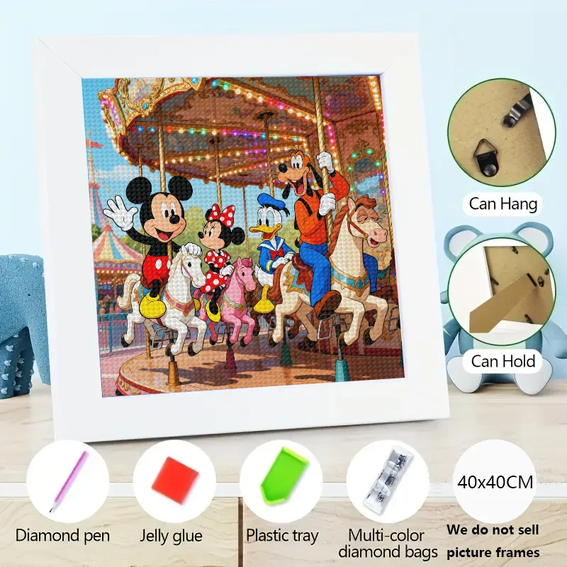 

1PC 5D DIY Full Drill Diamond Painting Kit, Disney Mickey Mouse Minnie Mouse Donald Duck Goofy Friends On Carousel Scene Rhinest