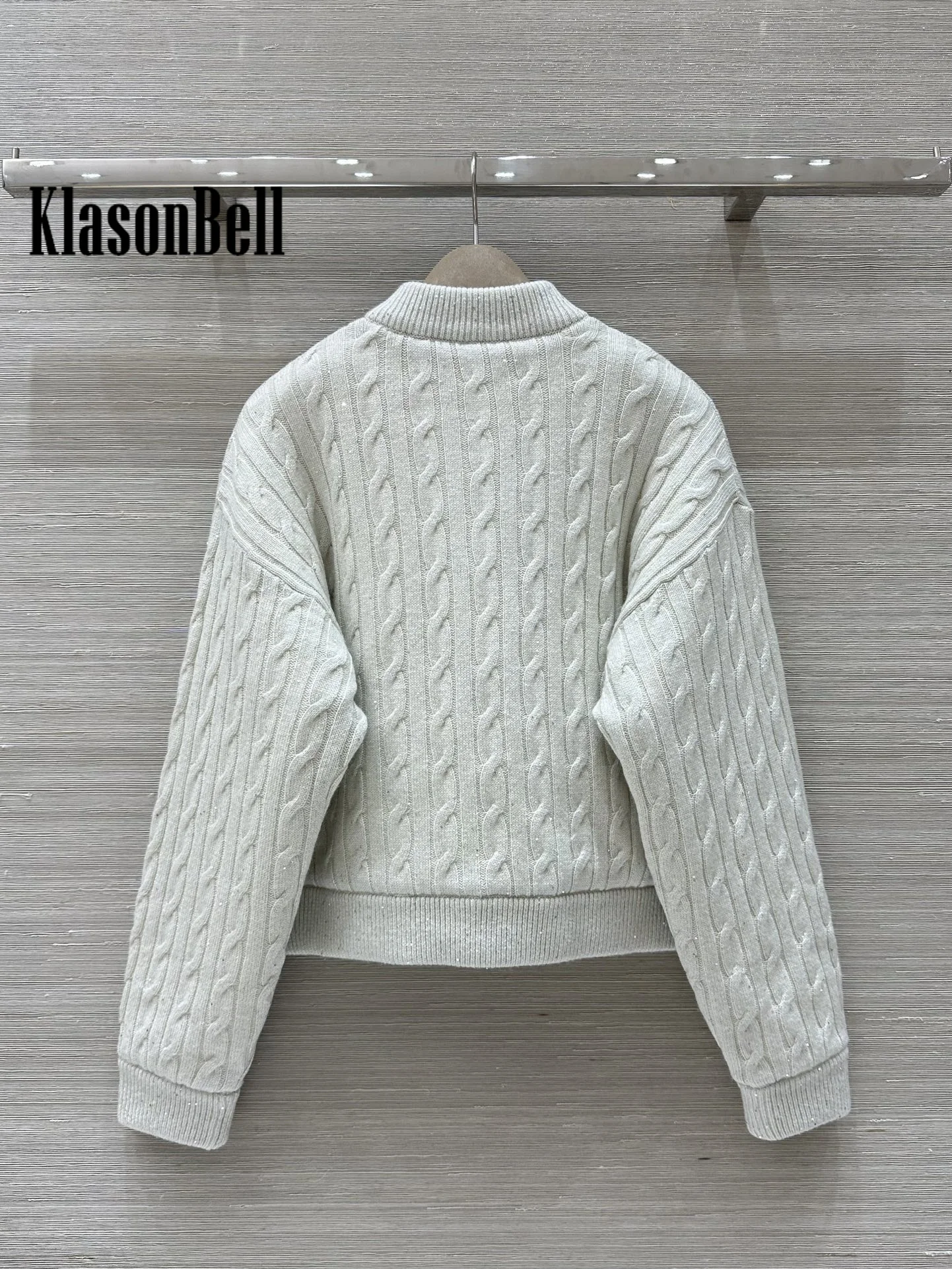 9.7 KlasonBell Women Clothes Twist Sequins Cashmere Knit O-Neck Jacket Single Breasted White Goose Down Keep Warm Outerwear